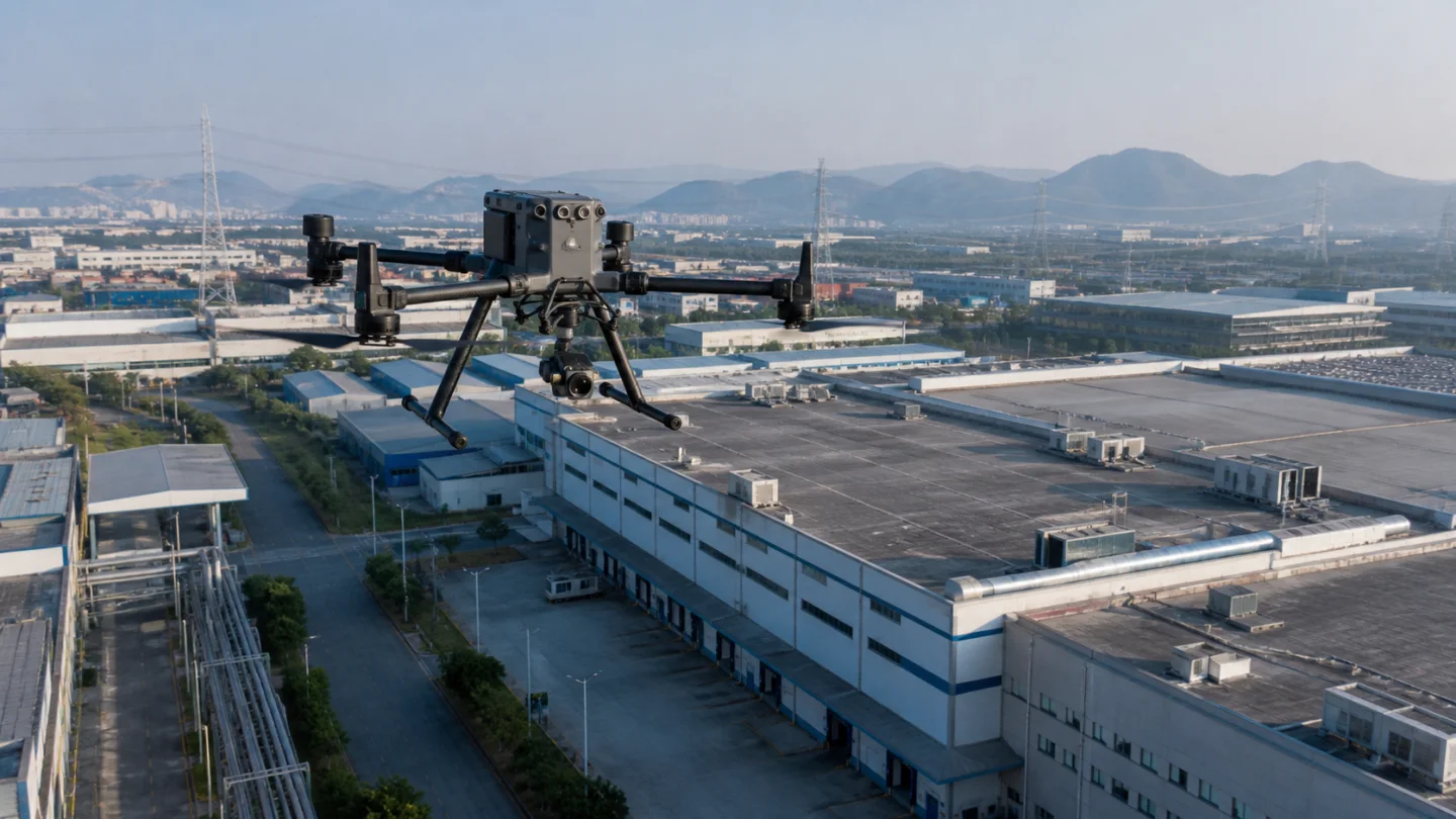 专业多旋翼无人机在工业园区上空执行低空任务