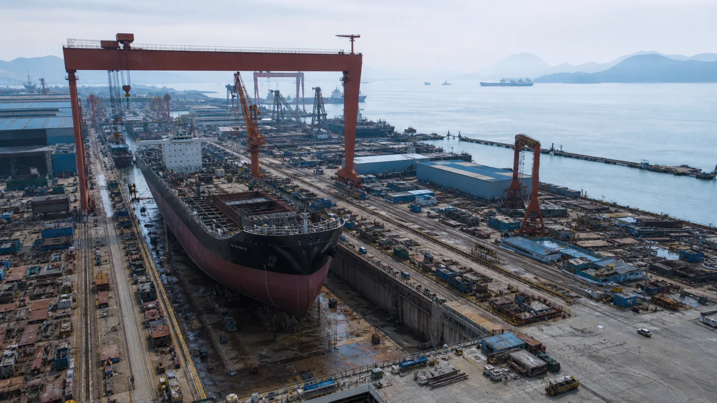 大型船舶在船厂干船坞中建造，周围分布龙门吊和海工设施